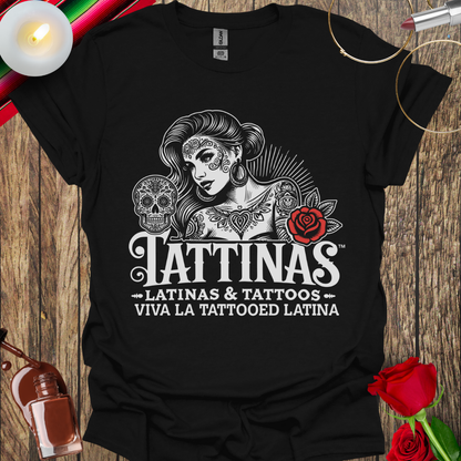 TATTINAS™ Latinas & Tattoos – Classic Portrait with Rose & Skull T-Shirt (Light Print) More Colors Available