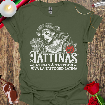 TATTINAS™ Latinas & Tattoos – Classic Portrait with Rose & Skull T-Shirt (Light Print) More Colors Available