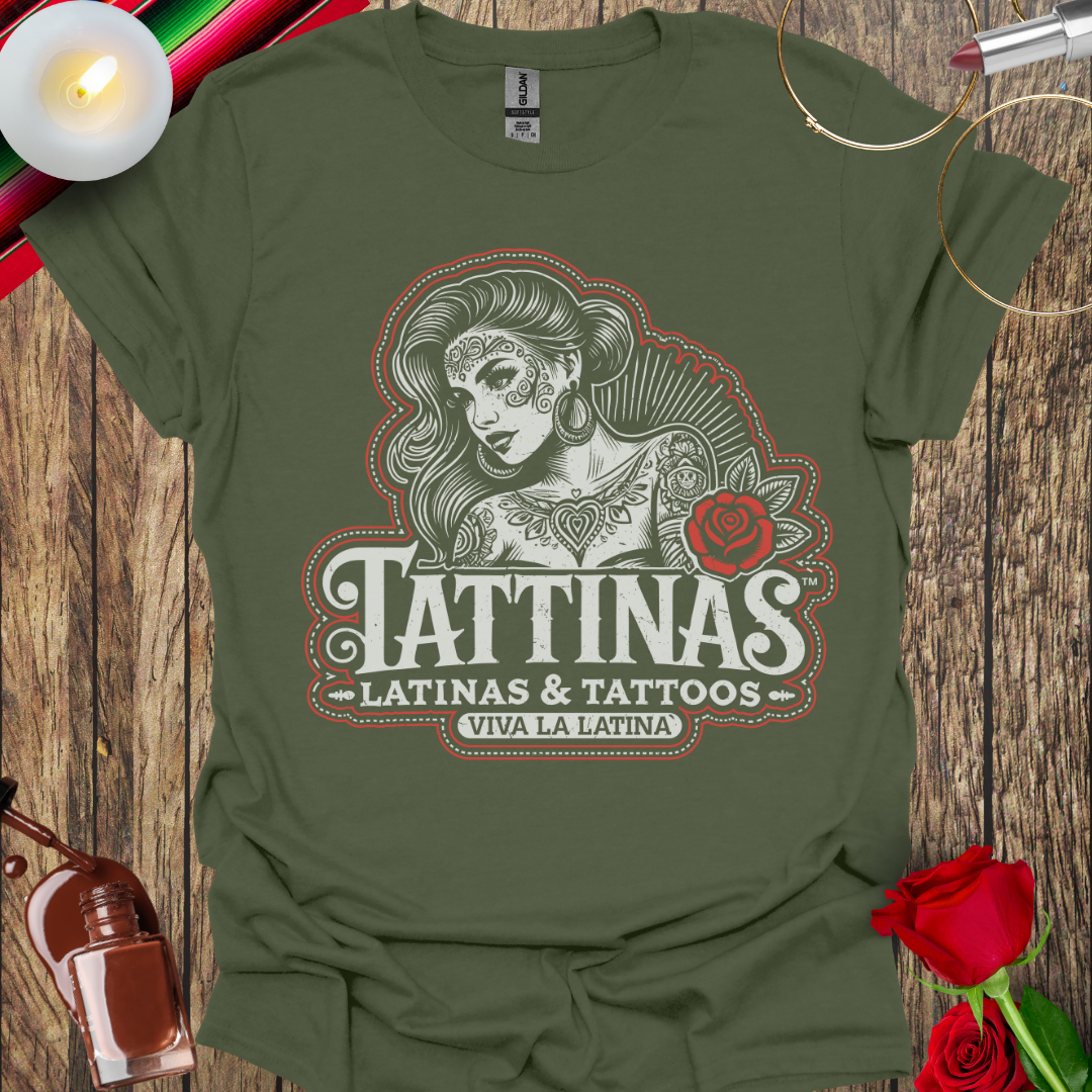TATTINAS™ Latinas & Tattoos – Classic Portrait with Rose – Viva La Latina Red Outline Edition T-Shirt (Light Print) More Colors Available
