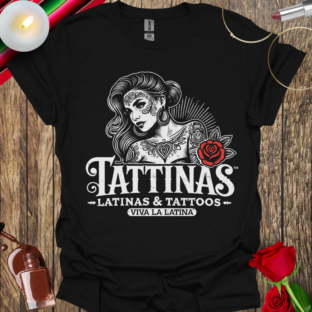 TATTINAS™ Latinas & Tattoos – Classic Portrait with Rose – Viva La Latina Highlight Edition T-Shirt (Light Print) More Colors Available