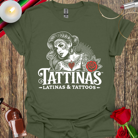 TATTINAS™ Latinas & Tattoos - Classic Portrait with Rose T-shirt (Light Print) More Colors Available