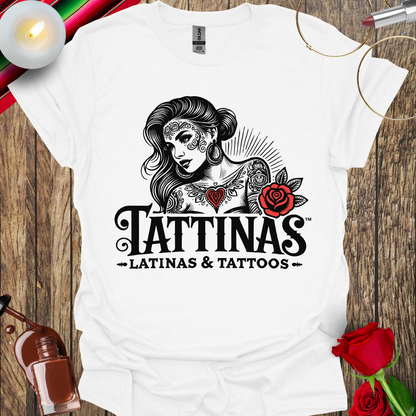 TATTINAS™ Latinas & Tattoos - Classic Portrait with Rose T-shirt (Dark Print) More Colors Available