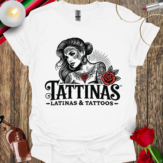 TATTINAS™ Latinas & Tattoos - Classic Portrait with Rose T-shirt (Dark Print) More Colors Available