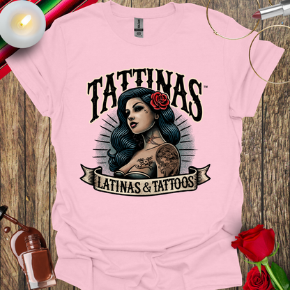 TATTINAS™ Latinas & Tattoos - Classic Portrait with Rose in Hair T-shirt (Dark Print) More Colors Available