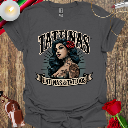 TATTINAS™ Latinas & Tattoos - Classic Portrait with Rose in Hair T-shirt (Dark Print) More Colors Available
