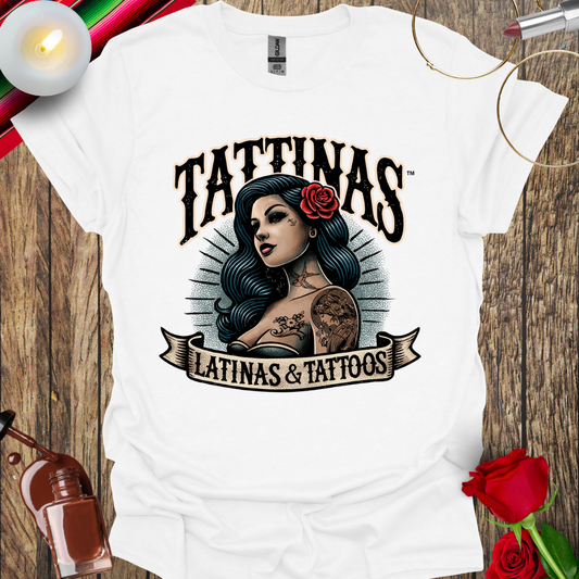 TATTINAS™ Latinas & Tattoos - Classic Portrait with Rose in Hair T-shirt (Dark Print) More Colors Available