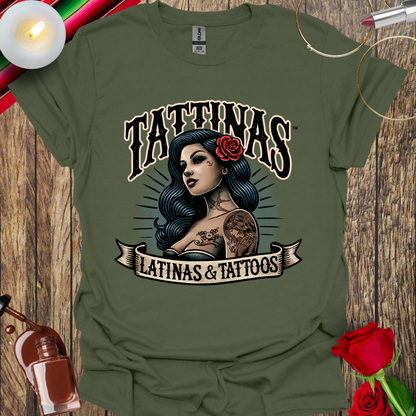 TATTINAS™ Latinas & Tattoos - Classic Portrait with Rose in Hair T-shirt (Dark Print) More Colors Available