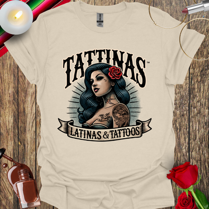 TATTINAS™ Latinas & Tattoos - Classic Portrait with Rose in Hair T-shirt (Dark Print) More Colors Available