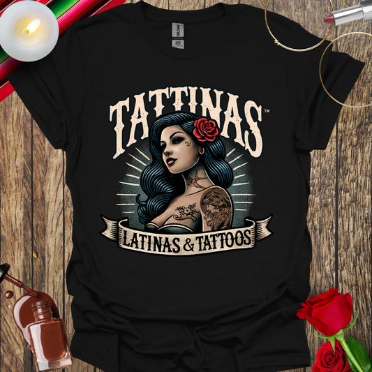 TATTINAS™ Latinas & Tattoos - Classic Portrait with Rose in Hair T-shirt (Light Print) More Colors Available