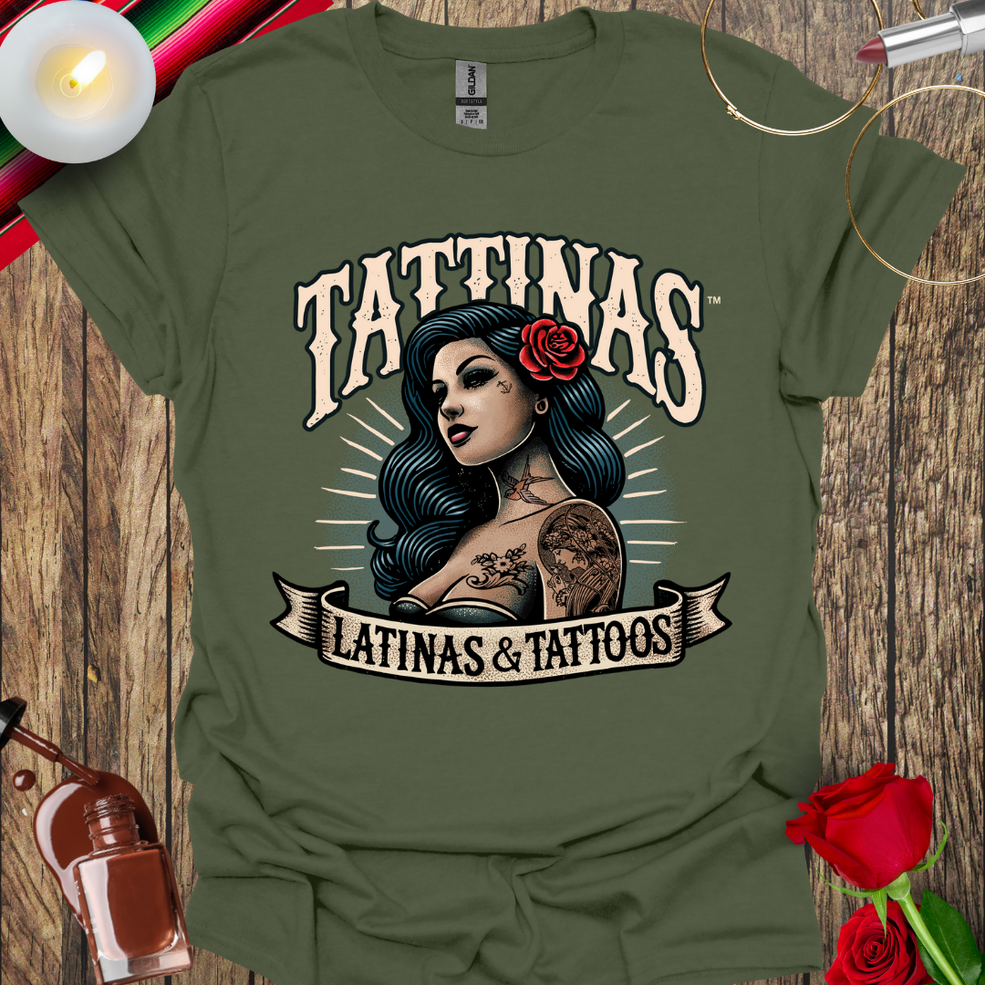TATTINAS™ Latinas & Tattoos - Classic Portrait with Rose in Hair T-shirt (Light Print) More Colors Available