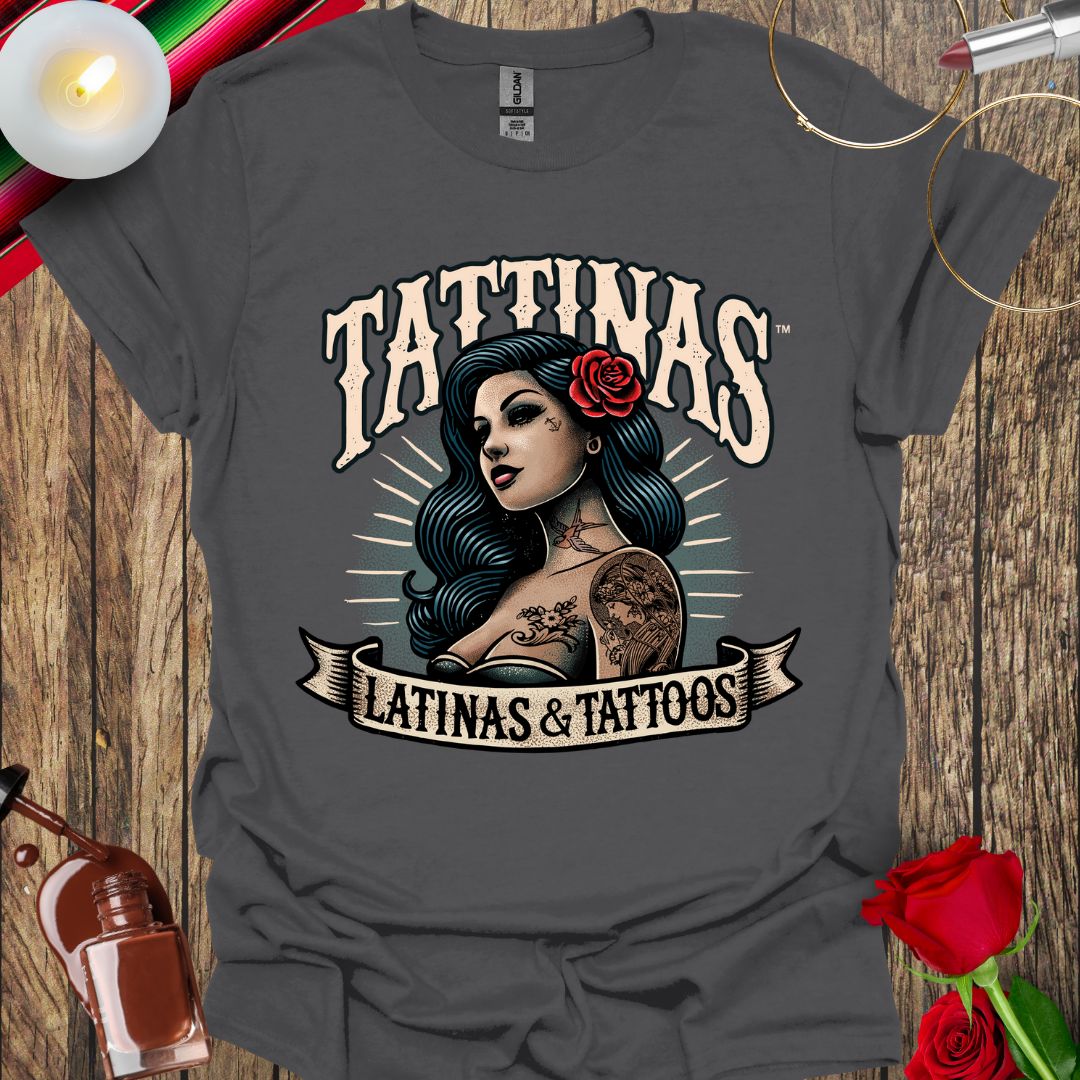 TATTINAS™ Latinas & Tattoos - Classic Portrait with Rose in Hair T-shirt (Light Print) More Colors Available
